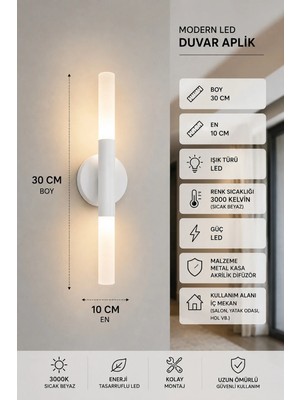 Mylüx Aydınlatma Modern LED Duvar Aplik 30 cm Beyaz | 3000K Sıcak Beyaz LED | Metal Gövde | Dekoratif Iç Mekan Aydınlatma