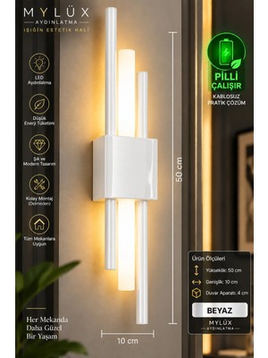 Mylüx Aydınlatma Mylüx Beyaz Kirpi Duvar Apliği 50 cm – Pilli Modern Dekoratif Kablosuz Aydınlatma