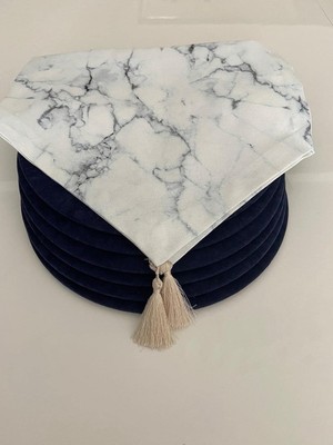 Odea Tr Ayşemce Amerikan Servis Takım (Beyaz Mermer Desen Runner 6 Lacivert Supla) A-HOME468