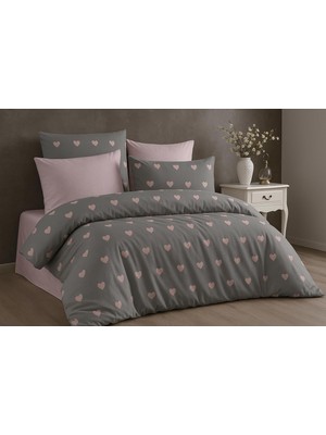 Odea Tr Lüks Pamuklu Çift Kişilik Nevresim Takımı SETI200X220CM + Lastikli Battal Boy Çarşaf 180X200X30CM +2 Yastık Kılıflı 50X70 cm Gri-Pembe Kalp