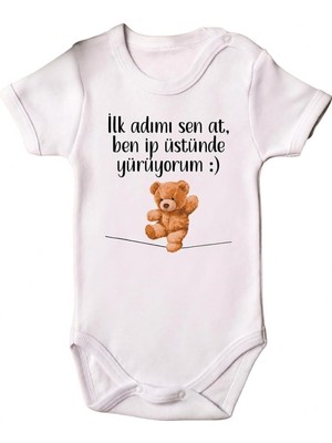 Odea Tr ORGANIK%100 Pamuk Teddy Bear Ilk Adımı Sen At Bebek Body Kısa Kollu Çıtçıtlı Badi Zıbın 5347