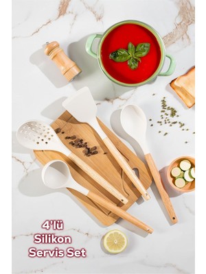 Odea Tr 3166 Bambu Ahşap Saplı Silikon 4 Parça Servis Takımı Seti Beyaz