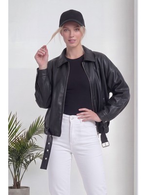 thezkscom Kadın Bomber Oversize Fermuarlı Deri Ceket Kahverengi, Siyah