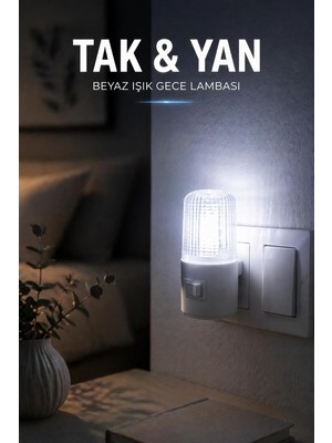 Odea Tr Priz Tipi Beyaz Işık Gece Lambası, Anahtarlı Mini LED Lamba, 5 x 7 cm