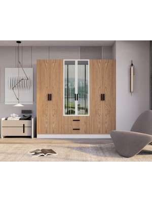 Aymobsan Valeria 6 Kapılı Gardrop Geniş Depolama Alanı ile Aynalı Atlantik Çam & Beyaz Suntalam