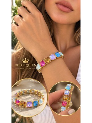 Dolce Queen Renkli Işıltılı Taşlı Gold Detaylı Lastikli Kadın Bileklik