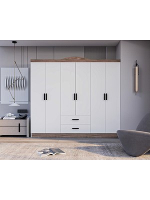 Bianca 6 Kapılı 2 Çekmeceli Gardrop Geniş Dolap & Elbise Dolabı Atlantik Çam & Beyaz