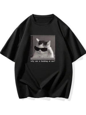 Marchè Bien Erkek T-Shirt Komik Kedi Baskılı Kısa Kol Tişört - Siyah