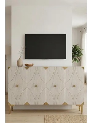 Vivense Alfa Konsol ve Tv Sehpası Beyaz Traverten Gold 120 cm KA1297BTG