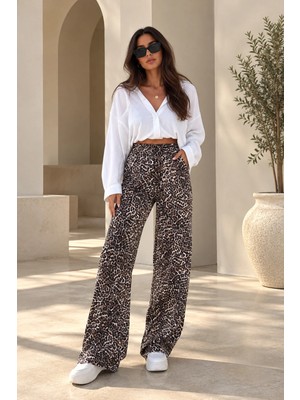 Yaren Co. Kadın Dokuma Saten Kumaş Leopar Desen Pantolon