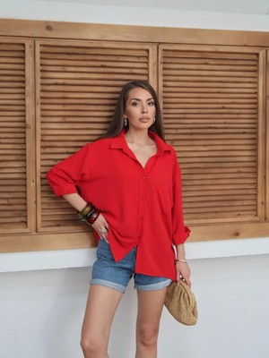 Yaren Co. Kadın Ayrobin Kumaş Tek Cepli Oversize Gömlek