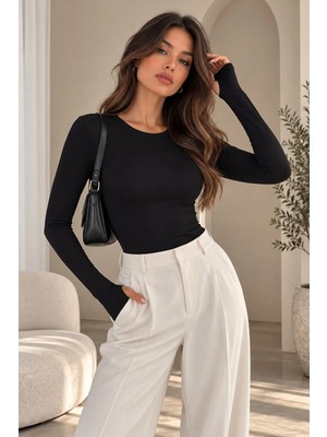 Yaren Co. Kadın Buzzy Kumaş Esnek Sıfır Yaka Parmak Geçme Tam Boy Body