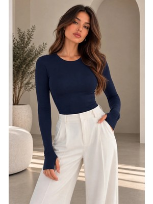 Yaren Co. Kadın Buzzy Kumaş Esnek Sıfır Yaka Parmak Geçme Tam Boy Body