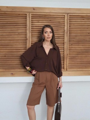 Yaren Co. Kadın Ayrobin Kumaş Tek Cepli Oversize Gömlek