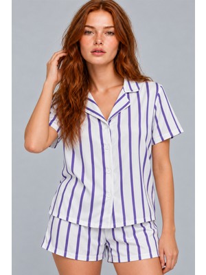 Fit Women Kadın Çizgili Şortlu Kısa Kollu Beyaz Pijama Takımı 4817