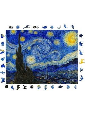 Happy Trend Puzzle Yetişkin - Van Gogh Yıldızlı Gece - 450 Parça, 29 x 39 cm - Yapıştırıcı Folyo Dahil - Benzersiz Şekilli Parçalar & Özel Figürler - R1-12