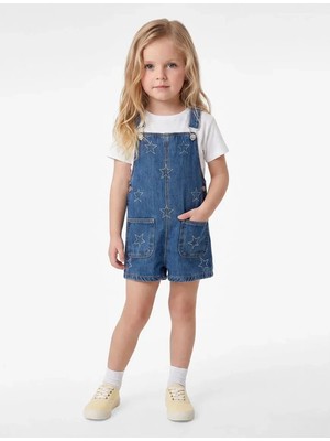 Kız Bebek Cepli Yıldız Işlemeli Pamuklu Kare Yaka Askılı Denim Salopet Tulum 7WMG80003AD - Koton - Orta Indigo - 18-24 Ay Orta Indigo