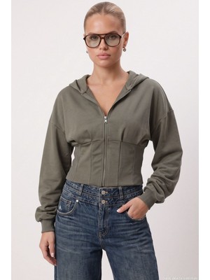 Ritnice Kadın Novis Beli Lastikli Slim Kalıp Haki Kapüşonlu Sweatshirt