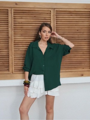 Yaren Co. Kadın Ayrobin Kumaş Tek Cepli Oversize Gömlek