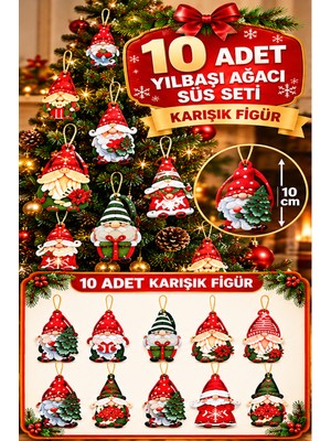 MixmioLife Yılbaşı Ağacı Süsü 10 Adet Farklı Figürlü Noel Baba Cüce Çam Ağacı Asma Süs Seti