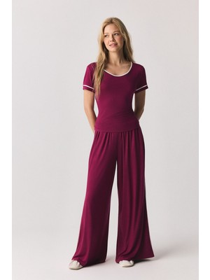 Jaya Kısa Kollu Biyeli Pijama Takımı / Mürdüm