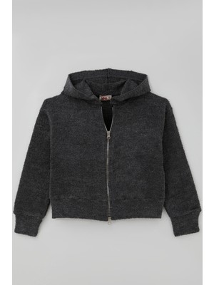 Orko Kız Çocuk Peluş Crop Hırka Kapüşonlu Fermuarlı 10-16 Yaş , Füme Melanj