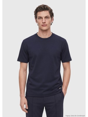 Ramsey Lacivert Düz Bisiklet Yaka Yün Karışımlı T-Shirt