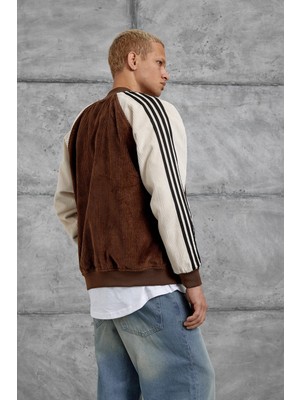 Erkek Ceket KOLU ÇİZGİLİ KADİFE Kahverengi Oversize