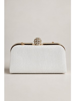 Moom Bag Beyaz Simli Gold Topaz Aksesuarlı Abiye Zincirli Clutch Çanta