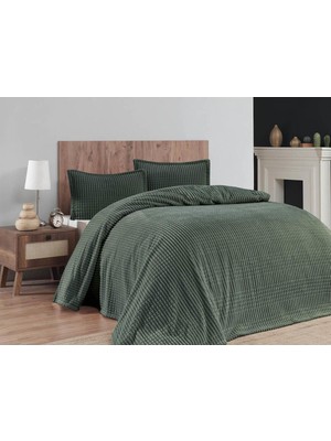 Merinos 3 Parça Haki Çift Kişilik Battaniye Seti Polyester Kumaş Temalı Orta Kalınlık 220X240