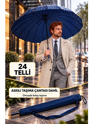 Binbirreyon Premium Şemsiye Büyük Boy 24 Telli Omuz Askılı Taşıma Çantalı ÇAP:115CM Baston Şemsiye DH155