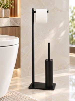 DMR Home Siyah Paslanmaz Tuvalet Kağıtlığı ve Tuvalet Fırçası Seti Modern Banyo Aksesuarı