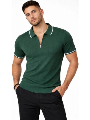 Marchè Bien Erkek Yazlık Dokuma Triko Tişört Fermuarlı Polo Yaka Kısa Kol T-Shirt - Yeşil