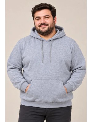 Suma Erkek Battal Büyük Beden Üç Iplik Içi Şardonlu Kapüşonlu Kanguru Cepli Kışlık Sweatshirt - Gri