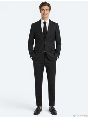 Kip Siyah Düz Slim Fit Yün Karışımlı Takım Elbise