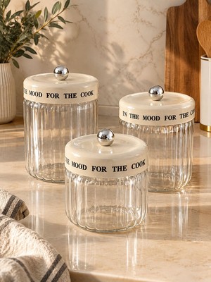 Yş Collection Yş Home - 3’lü Çizgili Cam Saklama Kavanozu Krem Plastik Kapaklı Dekoratif Mutfak Organizeri | Kahve Çay Baharat Bakliyat Saklama Seti (1400 Ml) (1100 Ml) (850 Ml)