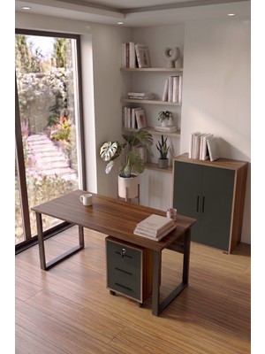 L'occi Concept Noa Ofis Mobilyası Takımı 140 cm Çalışma Masası + 3 Çekmeceli Keson ve Dolap Ceviz-Antrasit NOA10-CAN