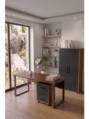 L'occi Concept Noa Ofis Mobilyası Takımı 140 cm Çalışma Masası + 3 Çekmeceli Keson ve 5 Raflı Dolap Ceviz-Antrasit  NOA11-CAN
