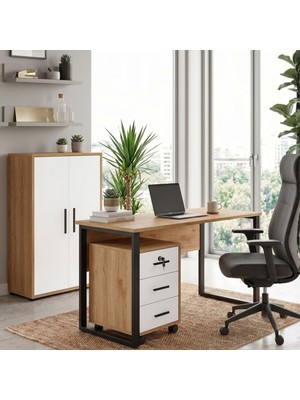 L'occi Concept Noa Ofis Mobilyası Takımı 140 cm Çalışma Masası 3 Çekmeceli Keson ve Dolap Sepet Beyaz NOA10-SW