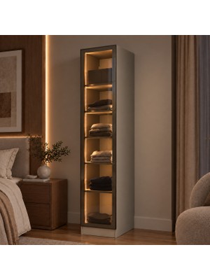 Rani Mobilya Rani BA370 Cam Kapaklı Gardırop Tek Kapaklı 5 Raflı Elbise Dolabı Kumtaşı