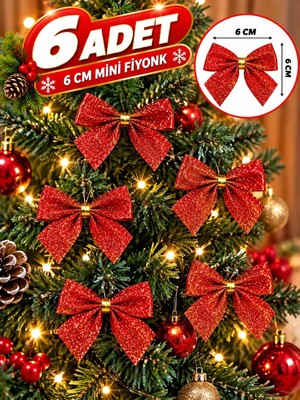 Asöy Yılbaşı Ağacı Kırmızı Simli Fiyonk Süs Simli Parlak 6 Adet Yılbaşı Süsü 6 cm Mini