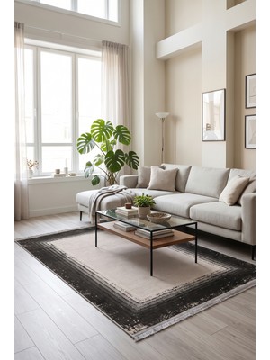 My Evilla Saten Halı Modern Kaymaz Tabanlı Yıkanabilir Salon Oturma Odası Halısı Çerçeve Çizgili Desen