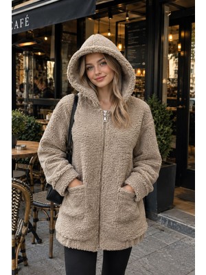 Hiramir Peluş Kuzu Kıvırcık Torba Cepli Kolej Mont Siyah KS2526