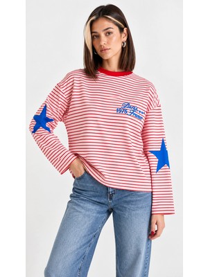 Mevese Kadın Oversize Kesim Paris 1975 Yazılı Yıldız Figürlü Çizgili Bisiklet Yaka Sweatshirt - Pembe-Kırmızı