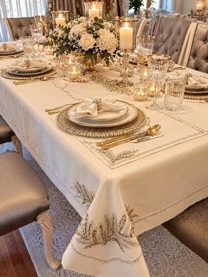 Umut Home Collection Umut Home 26 Parça Boncuklu Taşlı Livya Model Keten El Işlemeli Çeyizlik Sofra Takımı 160 x