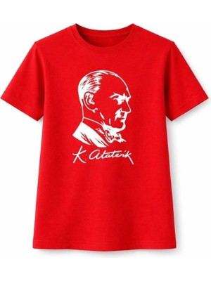 Marchè Bien Kız Çocuk Atatürk Baskılı Tişört Kısa Kollu Bisiklet Yaka T-Shirt - Kırmızı