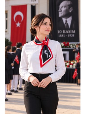Walkenzo Ata-004 Atatürk Fotoğraflı ve İmzalı Türk Bayraklı Kravat / Eşarp / Fular