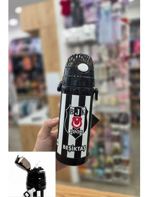 Me Team Beşiktaş Lisanslı Silikon Pipetli Çelik Matara - Çubuklu Desenli Paslanmaz Su Matarası 425 ml