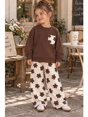 Cg Kids Çiçek Desenl Kız Çocuk Kahverengi Sweatshirt & Eşofman 3ip Alt Üst Takım