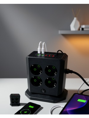 Dikey 8 Çıkışlı Çoklu Priz 4 USB Type-C Anahtarlı